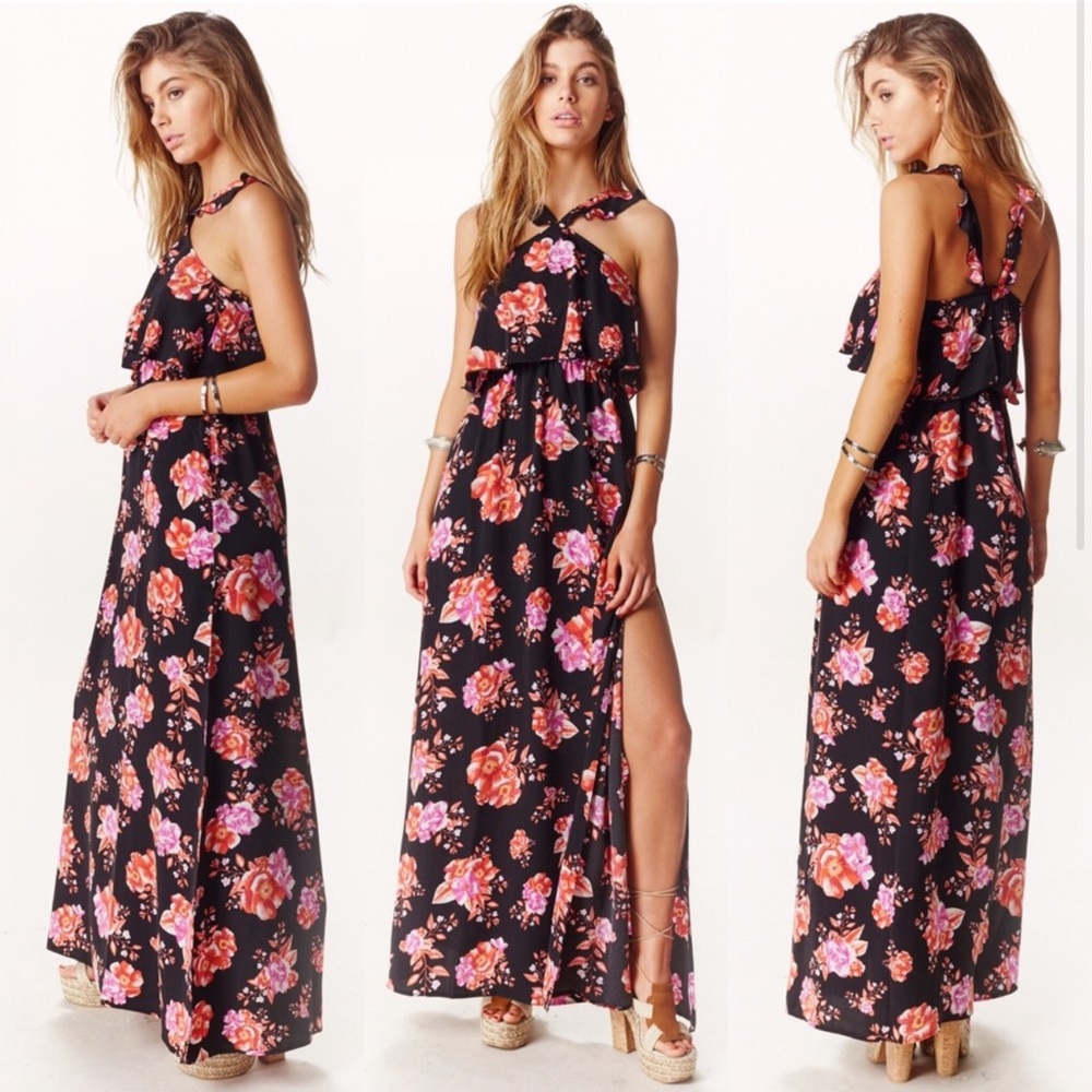 Tularosa Black and Pink Floral Maxi Dress
